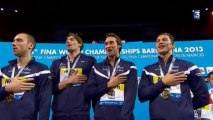 Podium 4x100m 4 nages (H) - ChM 2013 natation (Lacourt, Perez Dortona, Stravius, Gilot)  bilan équipe de France