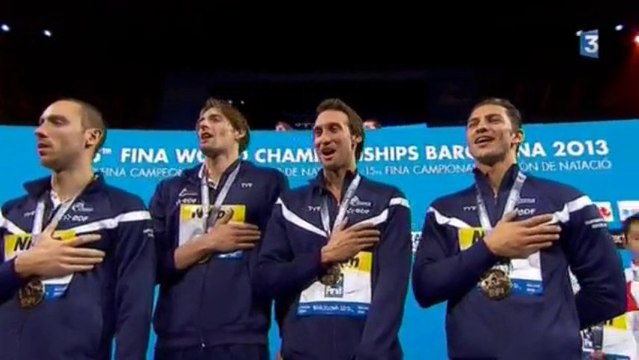 Podium 4x100m 4 nages (H) - ChM 2013 natation (Lacourt, Perez Dortona, Stravius, Gilot) +bilan équipe de France