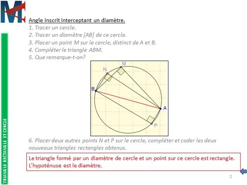 4ème - TRIANGLE RECTANGLE ET CERCLE - Angle inscrit interceptant un ...