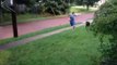 Epic fail!! He's running with his dog and he falls violently on the grass!!