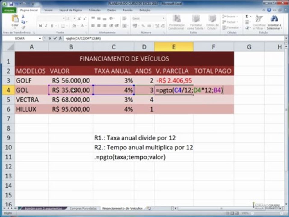 excel2010  CAPÍTULO 11 - AULA 2 pgto anual