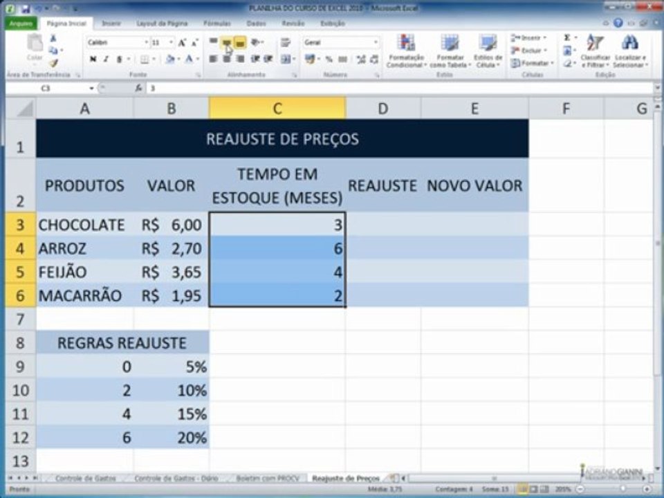 excel2010  CAPÍTULO 14 - AULA 1 Planilha reajuste com p
