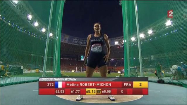 Finale lancer du disque (F) - ChM 2013 athlétisme (Mélina Robert-Michon médaillée d'argent)