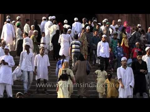 Devotees stepping out from Jama masjid in slow motion
