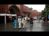 Muslims stepping out of the Taj Mahal after offering Eid Prayer