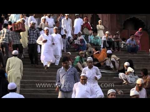 Muslim devotees coming out of the grand Jama Masjid, Old Delhi