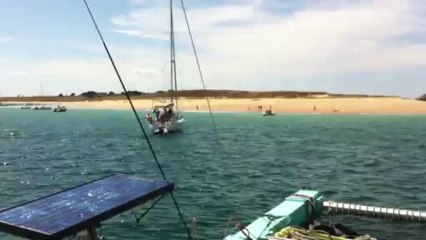 Sailing by Hoedic Island, on Des Jours Meilleurs, 19 m proa