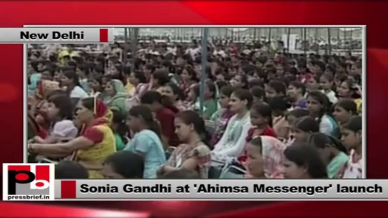 Sonia Gandhi addresses the function after launching Ahimsa Messenger in New Delhi