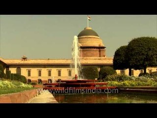 Energetic fountain rising up to a height at President's house, Mughal garden