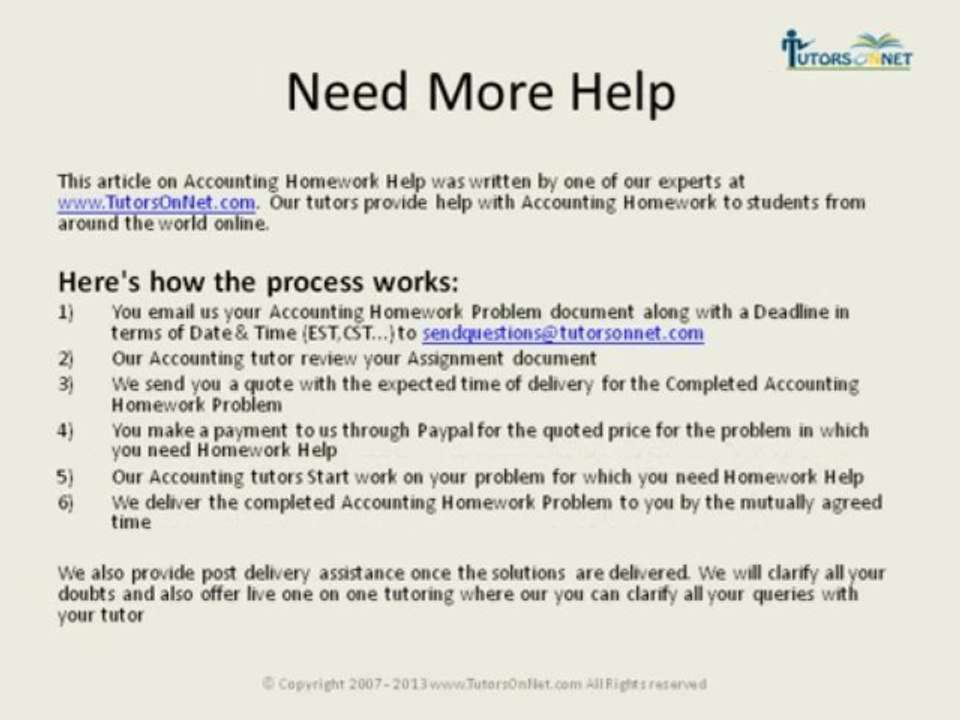 Accounting Assignment Help - Help With Accounting Homework Tutorsonnet.com