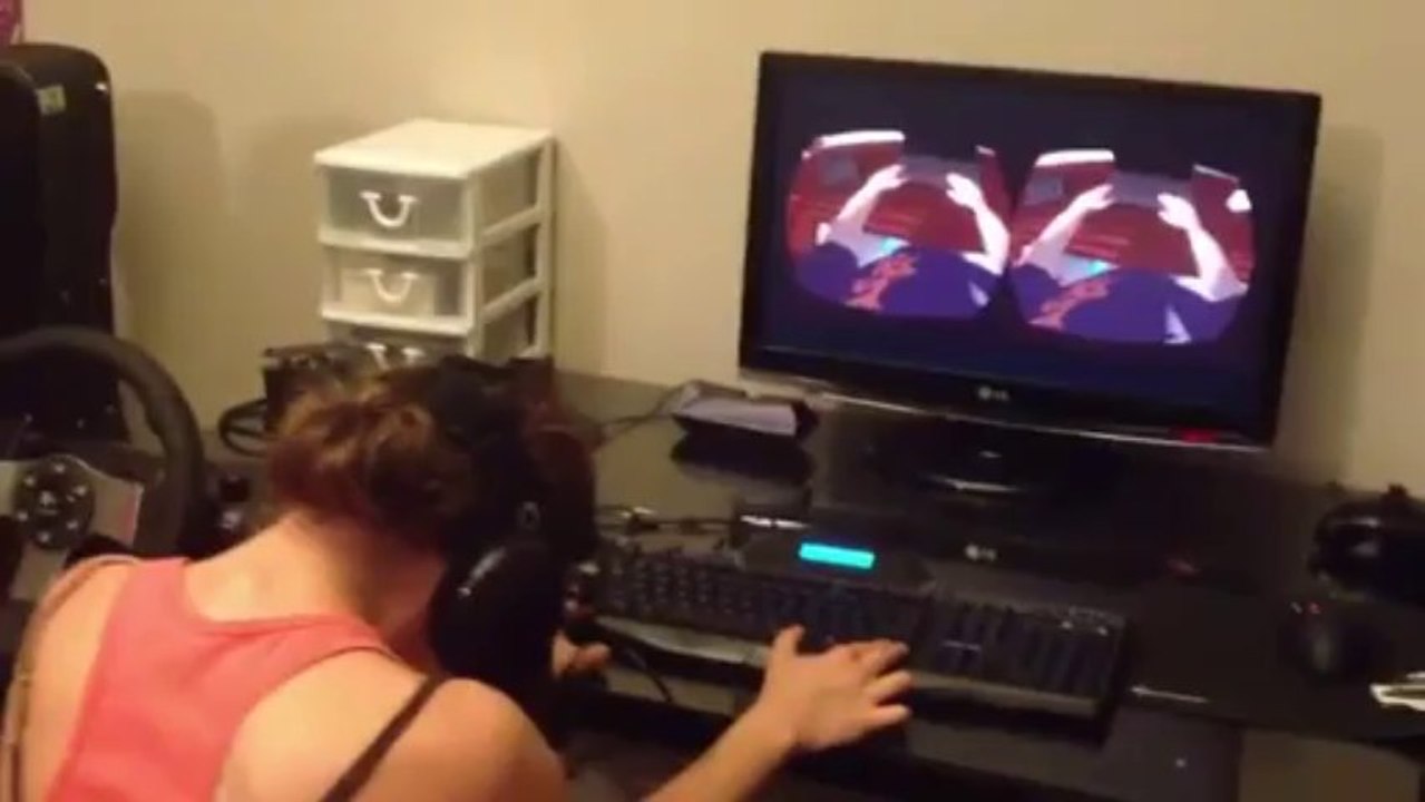 Girl Screams in Virtual Reality World