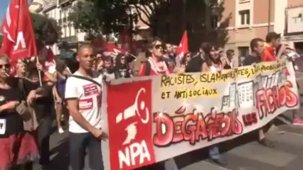 Manifestation unitaire de protestation contre l'université d'été du FN, avec Christine Poupin, porte-parole national du NPA (extrait de F3 PACA)