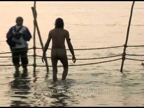 Naga sadhu at the bank of river ganga in Prayaga during Ardh Kumbh