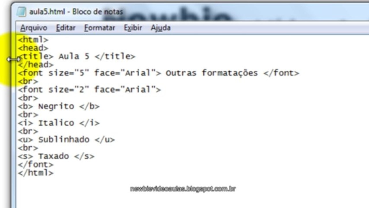 Curso de HTML (aula 5) Iniciantes / básico - Negrito, itálico, sublinhado e taxado