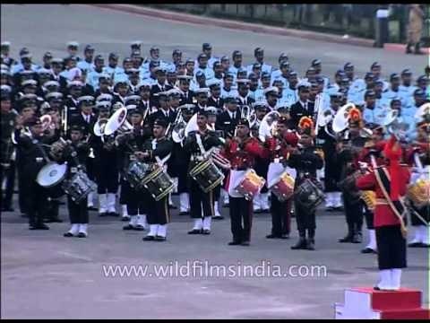 Military bands sound the retreat during the Beating the Retreat ceremony