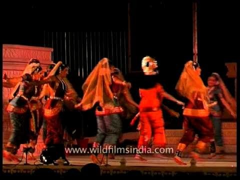 Lord Krishna with gopis performing onstage during Khajuraho Dance festival