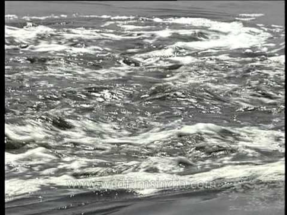 Polluted Yamuna River flowing below the Okhla Barrage