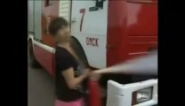 She falls while trying a fire extinguisher!
