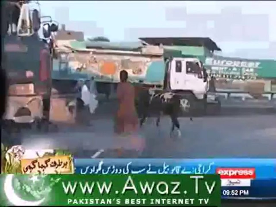 Karachi : Run away Bull escapes accident with a bumper truck by just a few inches