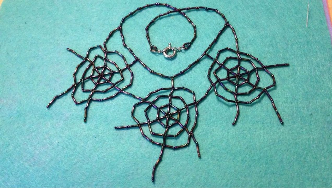 Beaded spider web necklace with bugles and seed beads. Tutorial.