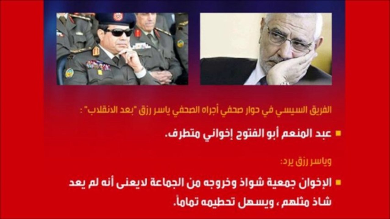 تسريب جديد وخطير: السيسي : عبد المنعم أبو الفتوح إخواني متطرف ...وياسر رزق يرد: الإخوان جمعية شواذ وخروجه من الجماعة لايعنى أنه لم يعد شاذ مثلهم ، ويسهل تحطيمه تماماً