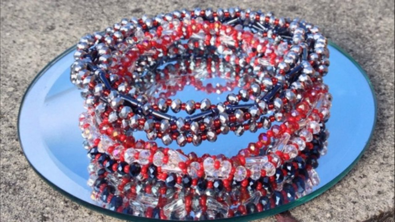 Sparkly statement bangle bracelet made with crystals, bugle beads and seed beads. Tutorial.