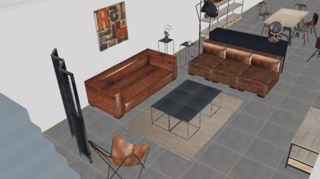 3D d'un salon salle à manger de style industriel