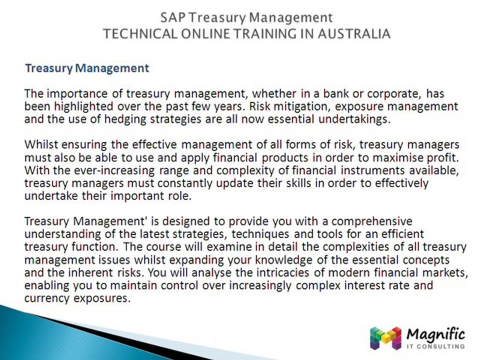SAP Treasury and Risk Management TECHNICAL ONLINE TRAINING IN AUSTRALIA@magnifictraining.com