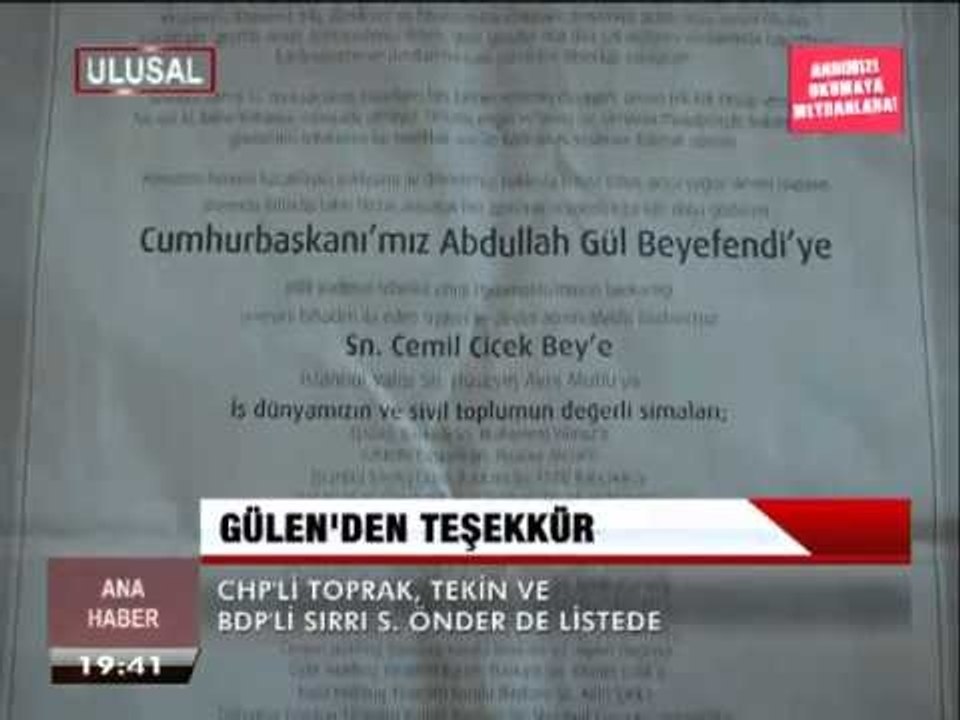 GÜLEN'DEN TEŞEKKÜR
