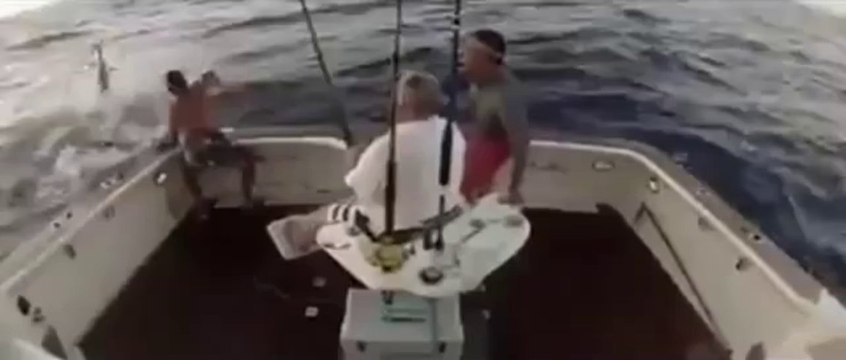 Big Fish jumps into the boat Big Man jumps out of the boat