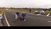 Biker FAILS in a Turn. Violent crash of a motorcycle on a highway.