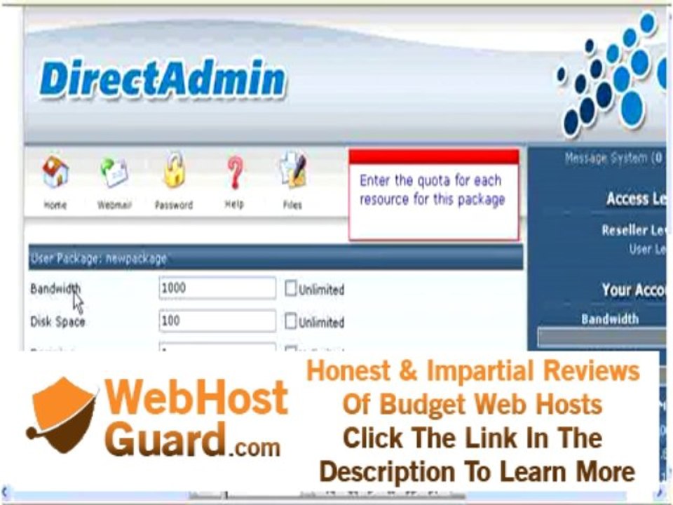 Creating a hosting package in Direct Admin