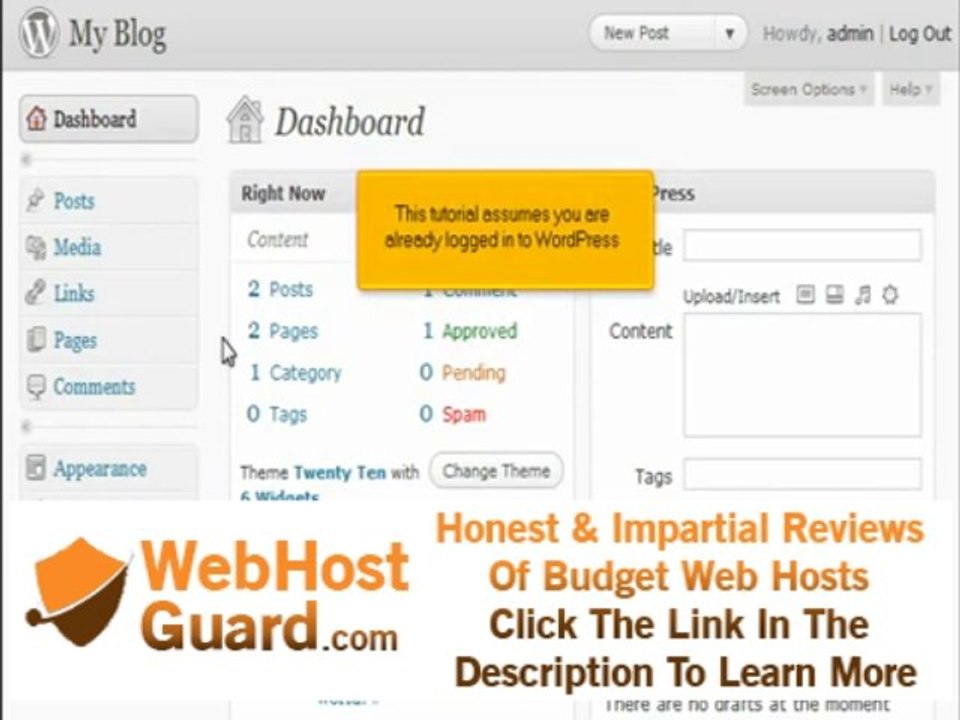 Wordpress hosting. How to write a comment with the wordpress dashboard.