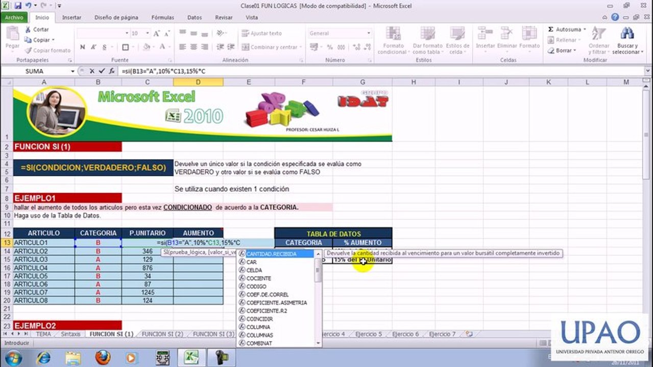 Funciones lógicas. Excel 2013. E-learning UPAO 2013-2