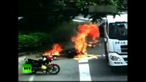 ALERT NEWS Horrific CCTV_ Motorcyclist combusts in collision with truck