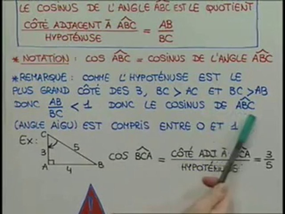 Le cosinus d'un angle dans le triangle rectangle