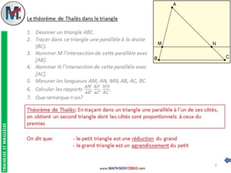 4ème - TRIANGLES ET PARALLELES - Le théorème de Thalès