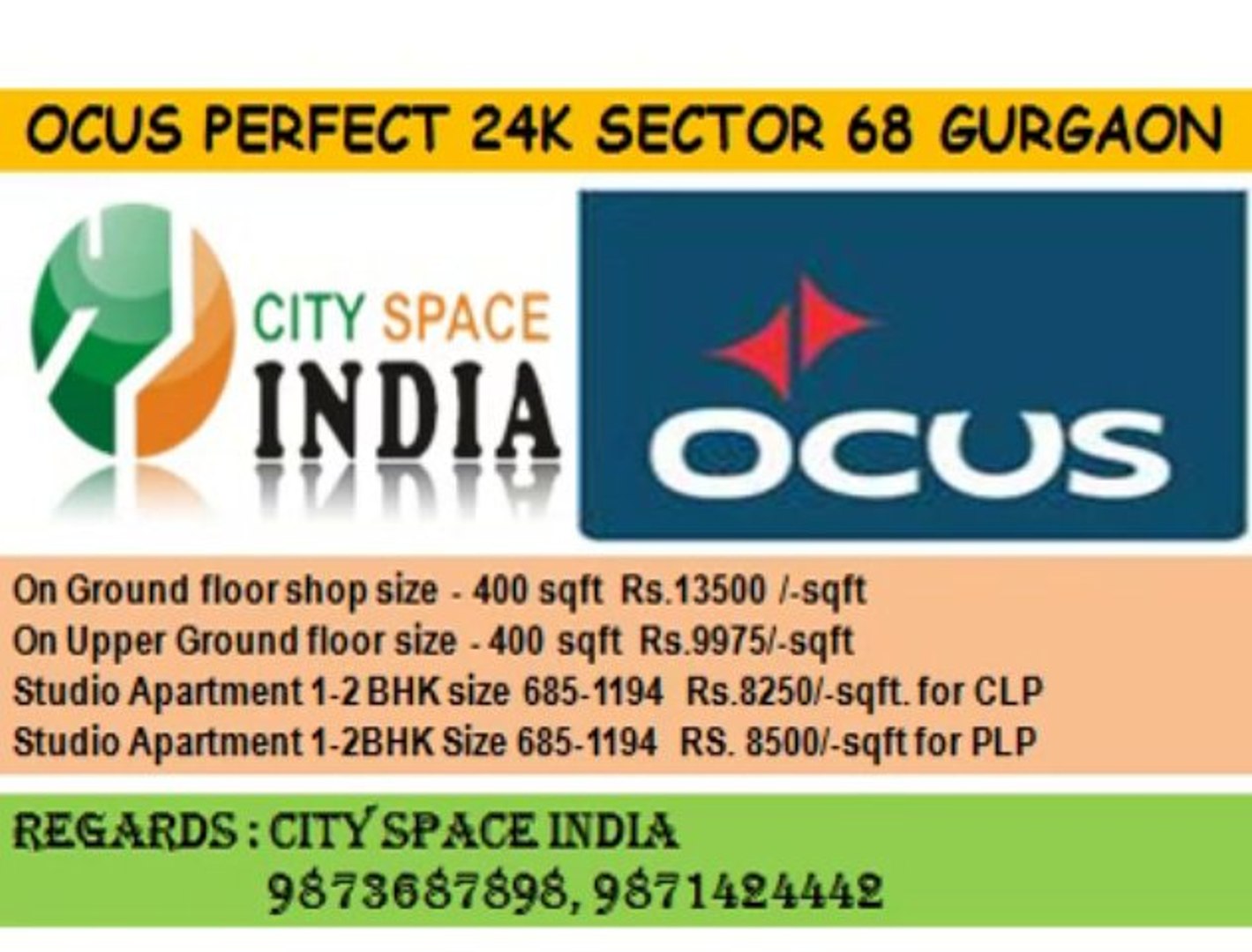 ⁣Ocus perfect 24k studio apartment@685 sqft.@8500 for PLP plan gurgaon