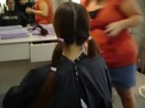 haircut on long haired brunette getting all her hair choped short