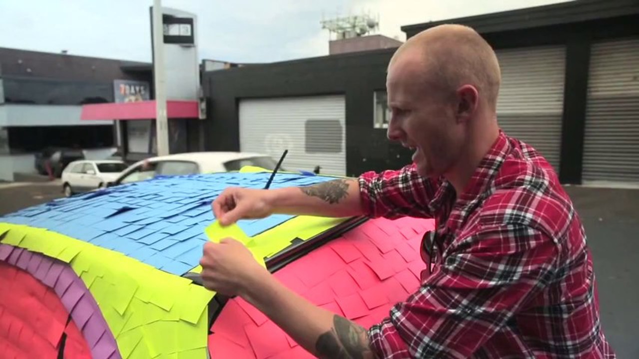House covered in Post-it notes
