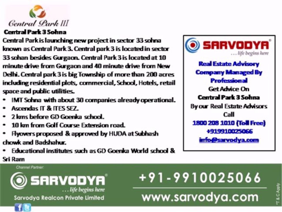 Central Park 3 Sohna 9910025066 central park 3 sohna