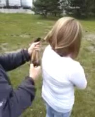 haircut and ponytail chop of long blonde hair to a bob stlye