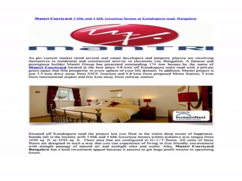 Mantri Courtyard 3 bhk and 4 bhk luxurious homes at Kanakapura road, Bangalore