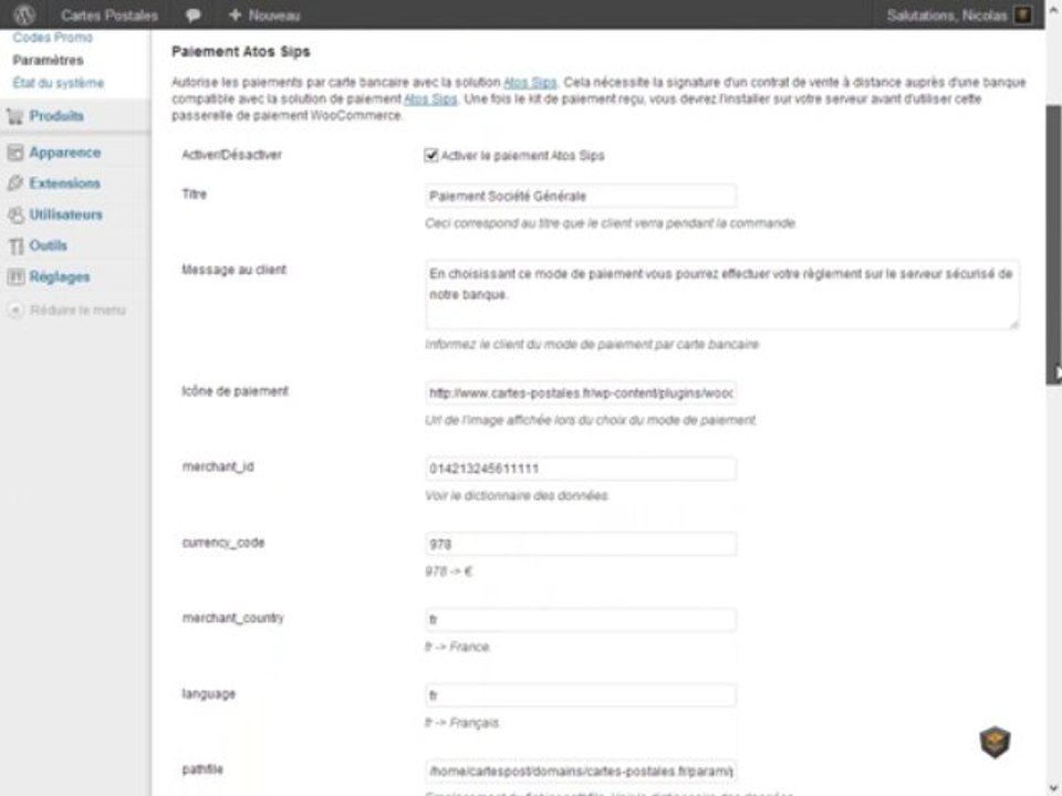 Paramétrage de la passerelle de paiement Atos Sips pour WooCommerce