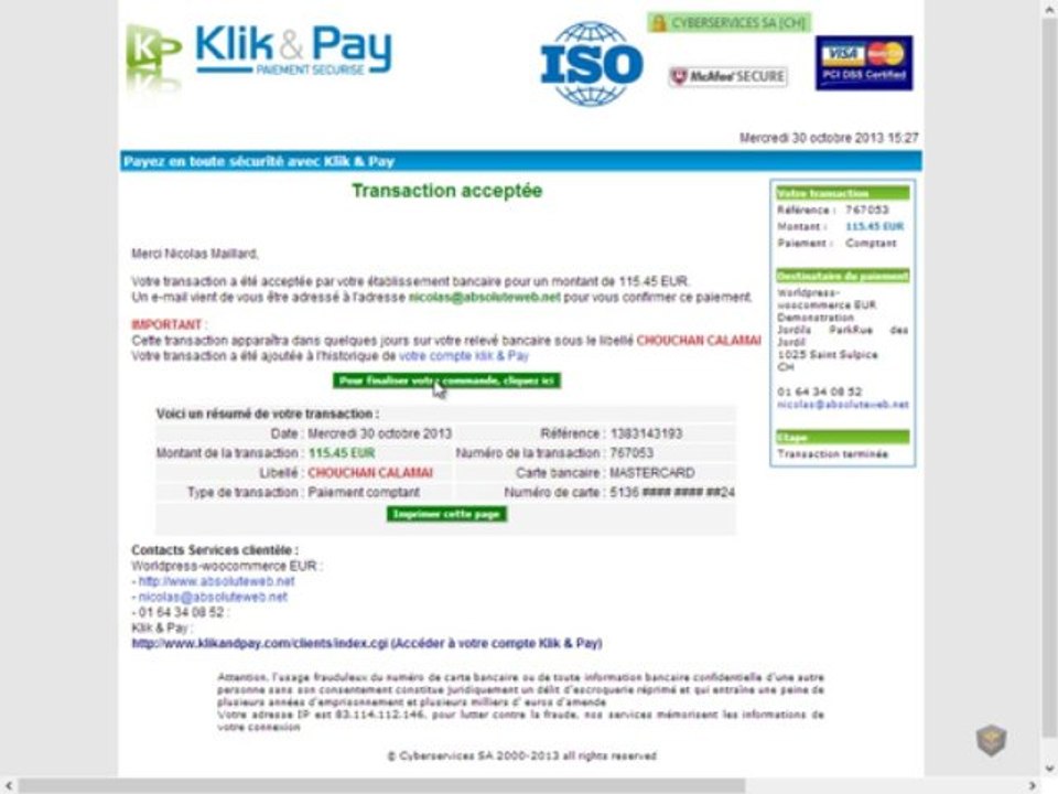 Démonstration de la passerelle de paiement Klik & Pay pour Woocommerce
