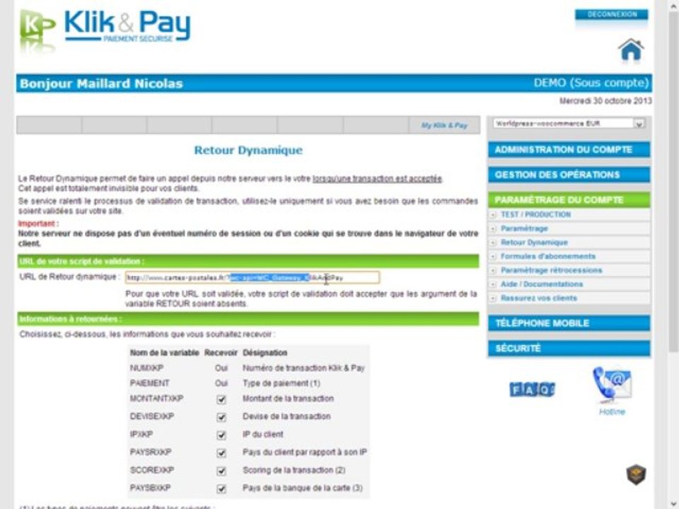 Paramétrage de la passerelle de paiement Klik & Pay pour WooCommerce