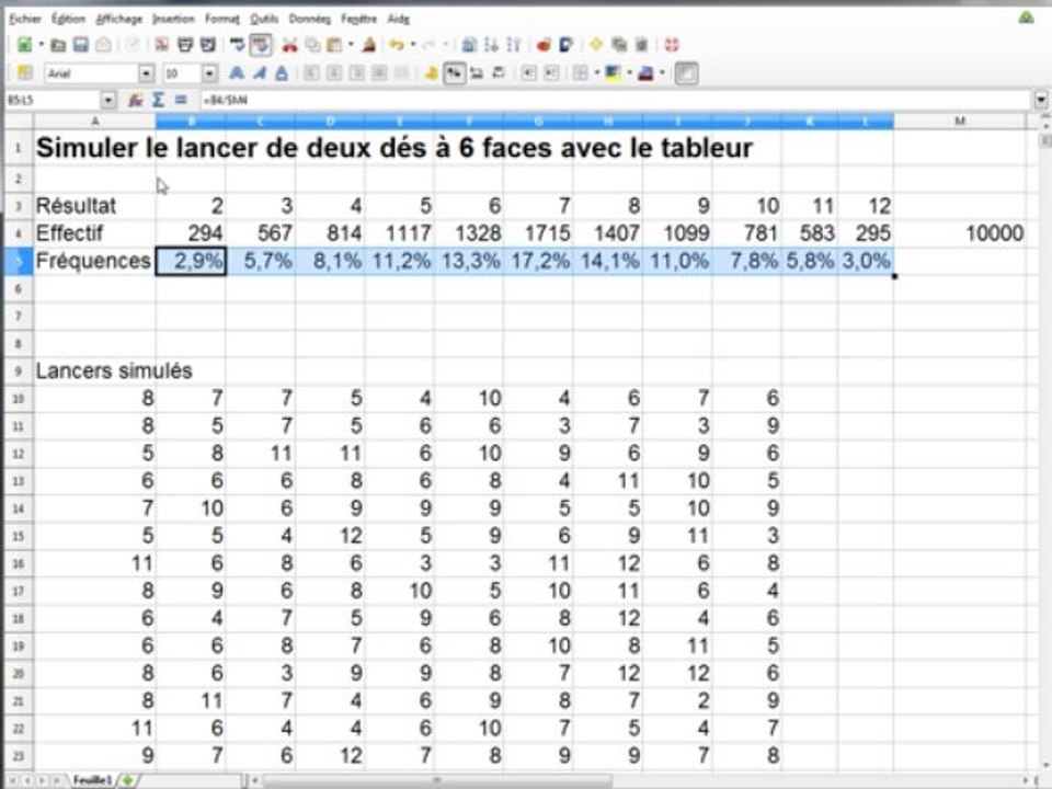 2nde Probabilités simuler le lancer de deux dés à six faces avec le tableur
