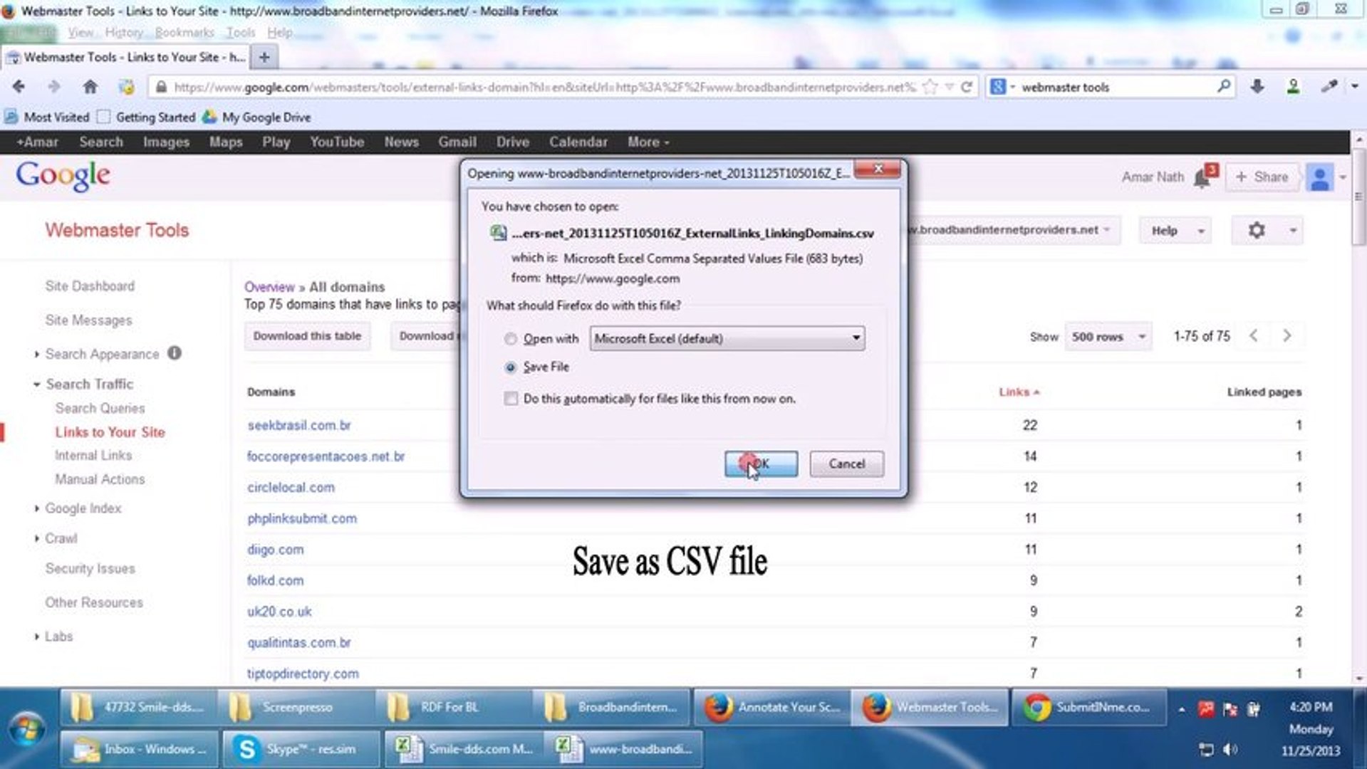 “How to download backlinks using webmaster” - A video illustration