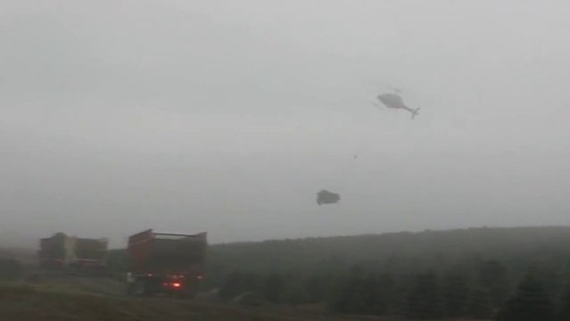 Un hélicoptère charge des sapins de Noël dans des camions