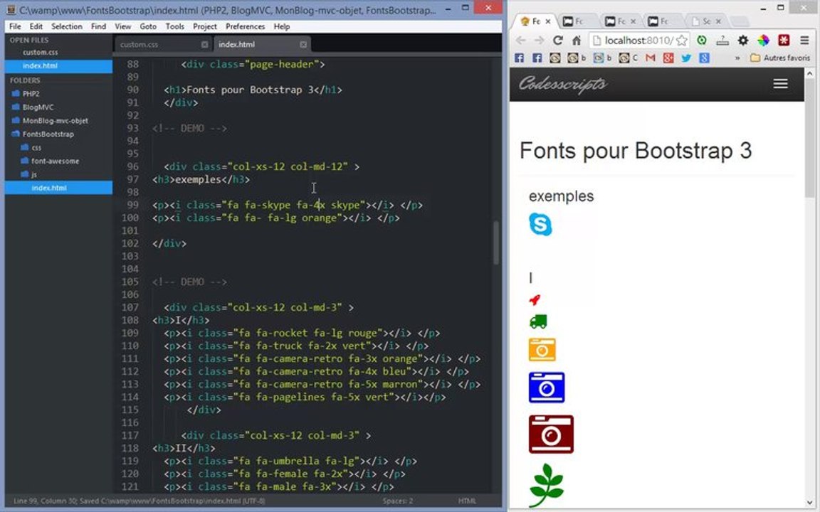 Tutoriel vidéo : Polices Fonts icônes vectorielles librairie CSS Bootstrap